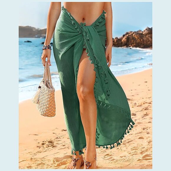 Beach Sarong Pareo Womens Semi-Sheer Swimwear 20-atrovirens-long - Picture 2 of 6